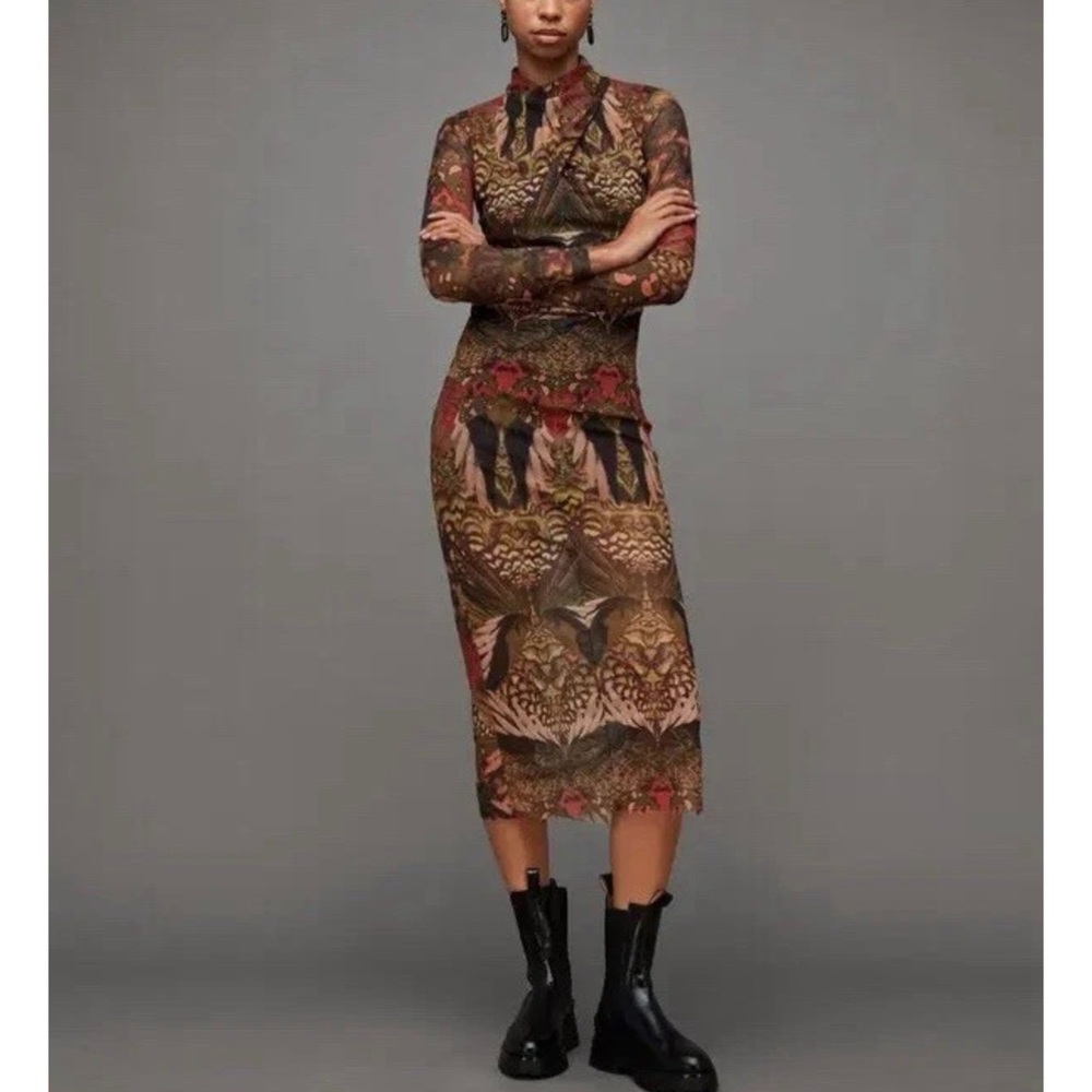ALL SAINTS long sleeve Mesh Dress Elegant Multicolor Patterned Dress NEW - Picture 2 of 8